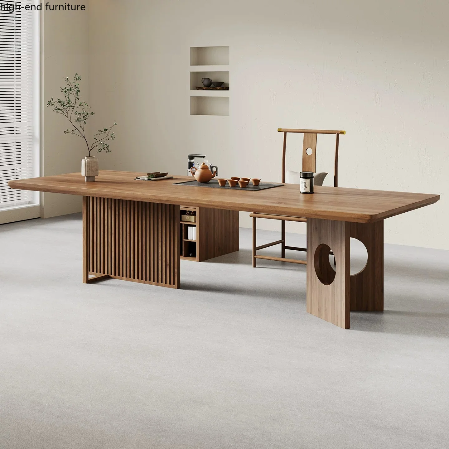 Solid wood large board tea table  and chair combination office  log modern integrated
