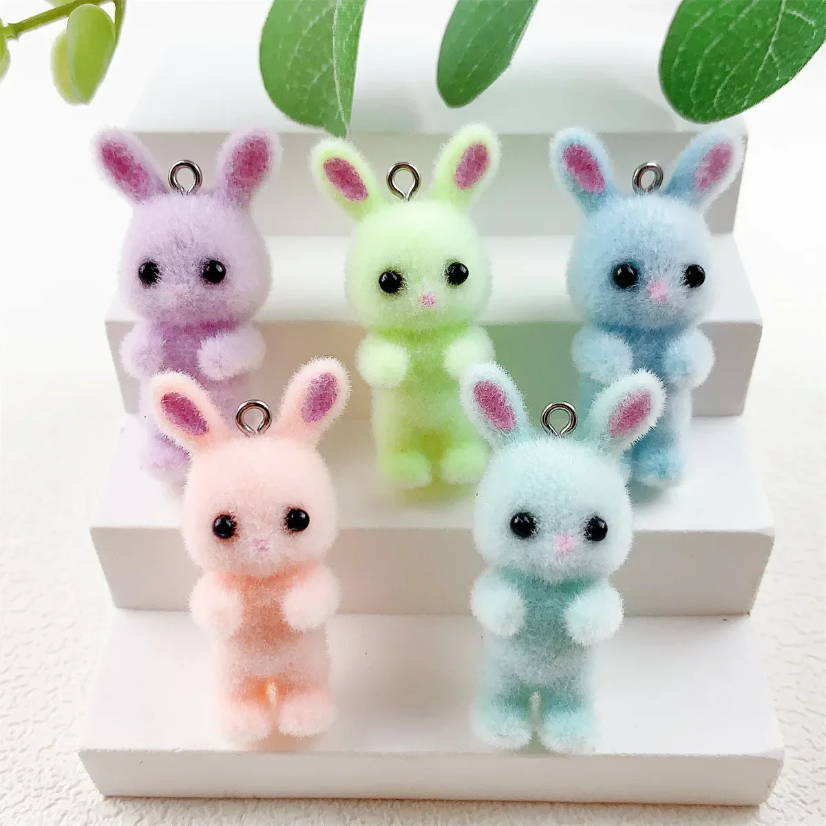 30Pcs 3D Cute Colorful Flocking Rabbit Charms Cartoon Plush Animal Resin Pendant For Keychain Earring DIY Crafts Jewelry Make