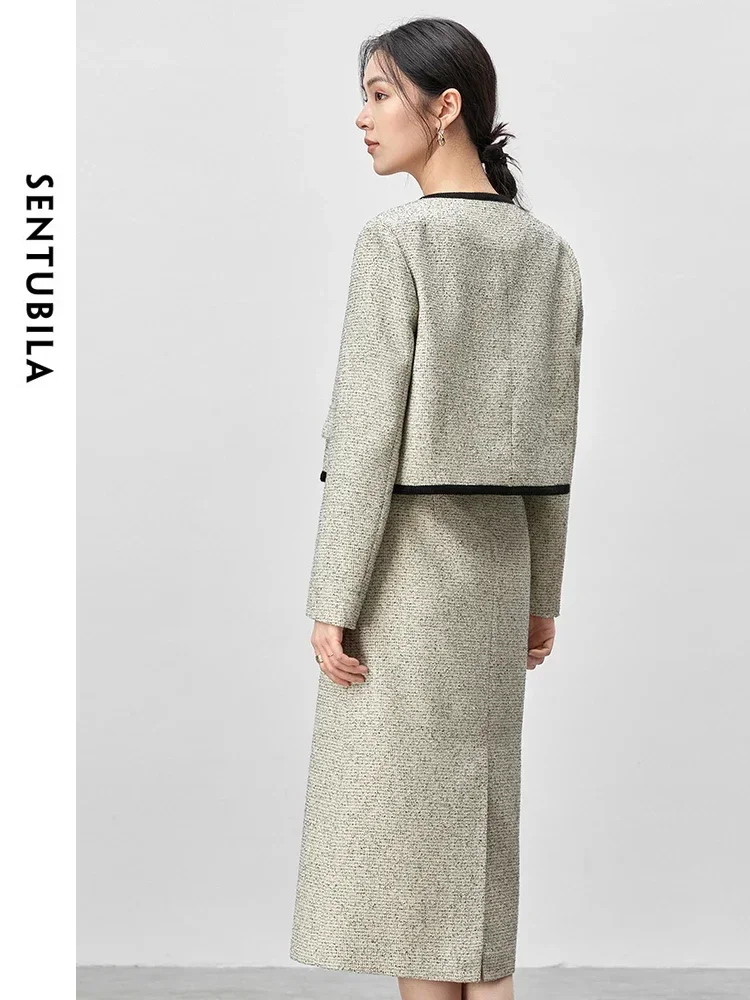 SENTUBILA, conjuntos elegantes de Tweed para mujer, conjunto de falda de dos piezas, Chaqueta corta con ribete de contraste de primavera 2025, falda con abertura 143Z56156