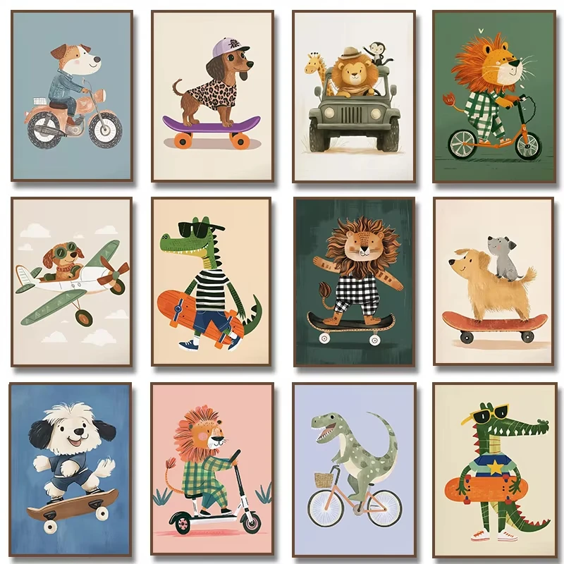 1PC frameless decorative art print,Minimalist Cute Skateboard Animal Wall Art Dog, Lion, Crocodile, Tiger, Bear, and Car Canvas