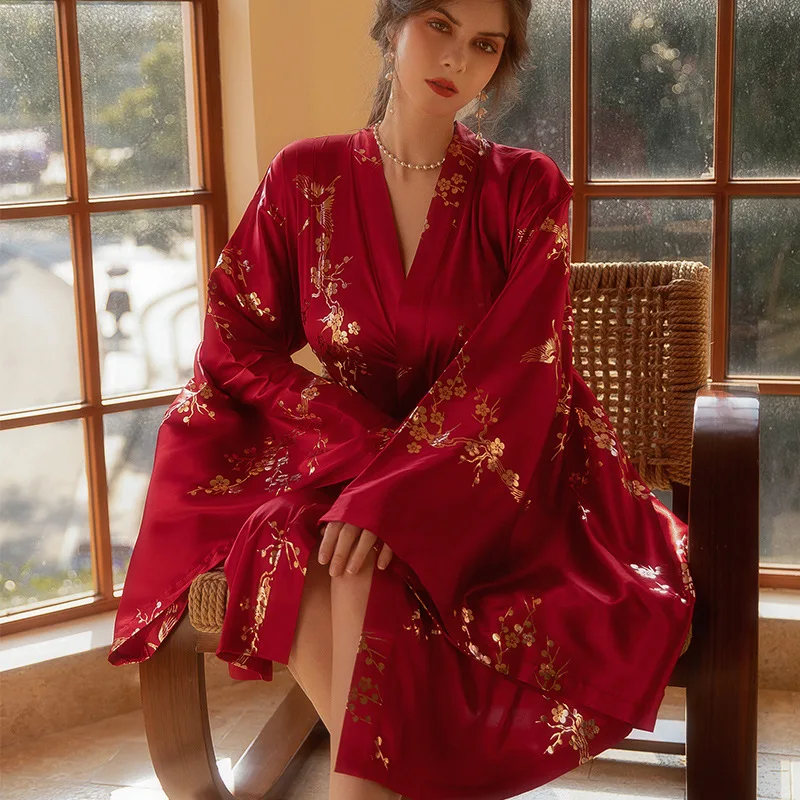 Luxury Burgundy Kimono Robe Women Wedding Bride Bathrobe Sexy Bronzing Flower Morning Dressing Gown Elegant Sleepwear Nightgown