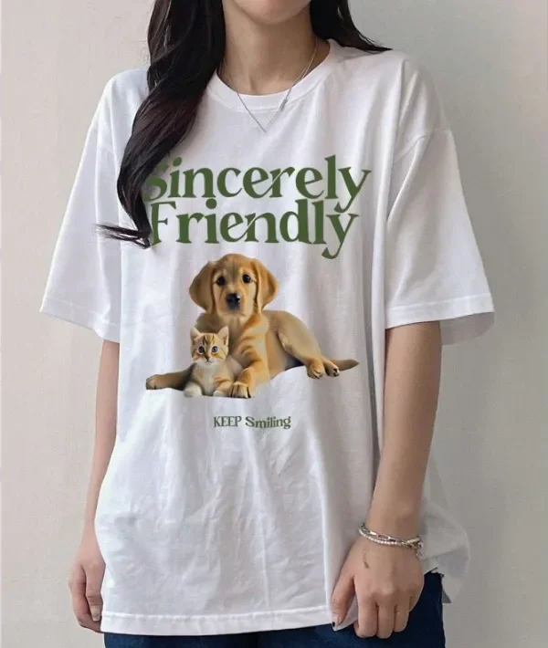 Cute Animal Cat and Dog Pattern Printed Short Sleeve Micro Elastic White Simple Round Neck Casual T-shirt Summer Fashion Top