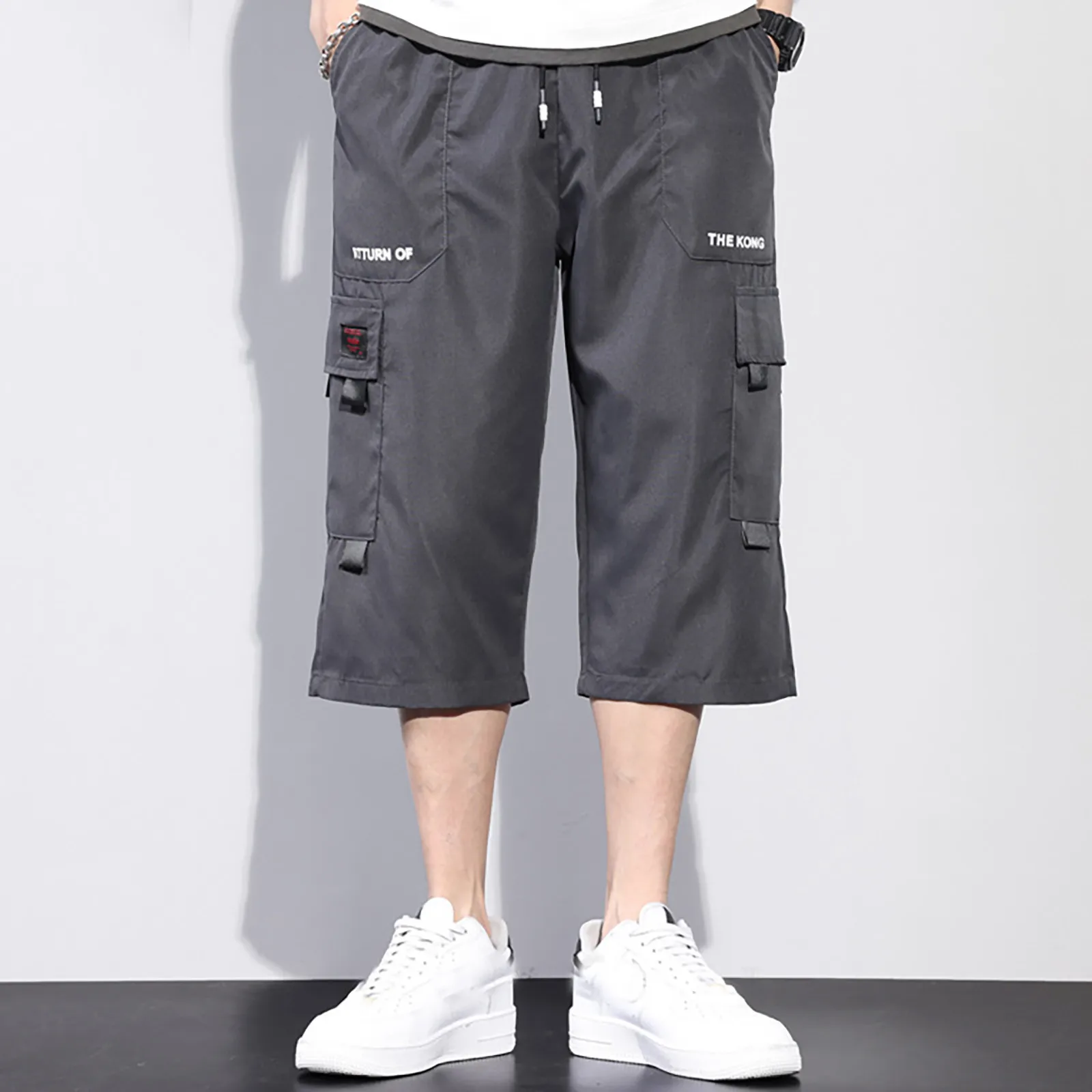 Multi Pocket Drawstring Straight Cargo Pants Men Solid Color Letter Printed Three Quarter Shorts Loose Casual Outdoor Shorts