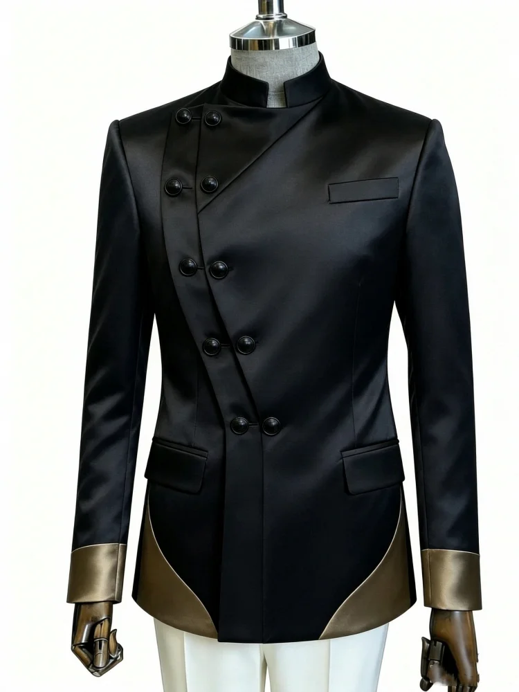 Mens Slim Fit Asymmetric Blazer Stand Collar Gold Contrast Formal Outerwear Jacket