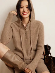 Autumn Winter Luxury Women's 100% Cashmere Hooded Sweater Soft Warm Pullover Popular Hoodie Jumpers Casual Female Knitwear Tops
