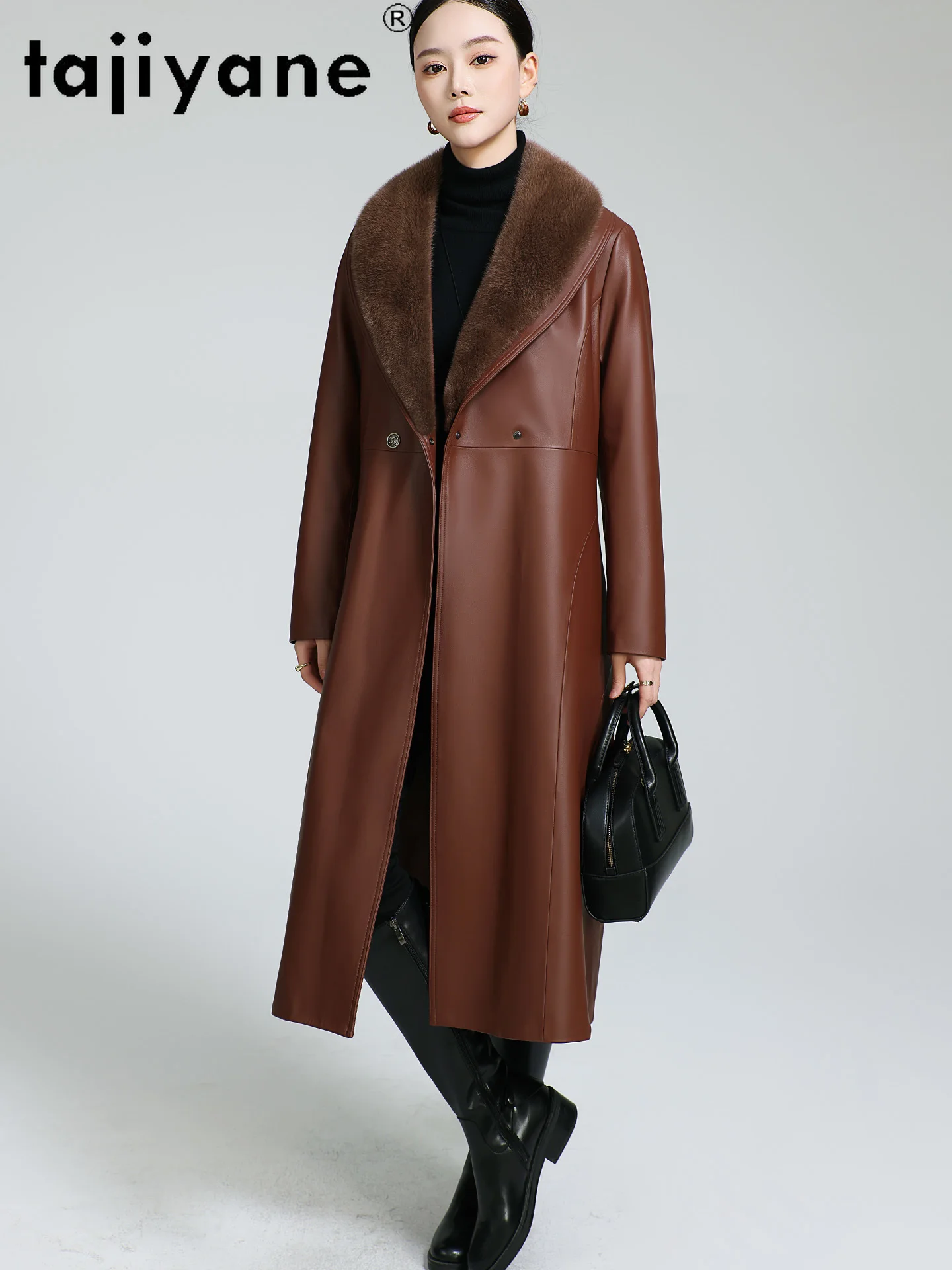 TAJIYANE جلد الغنم الحقيقي أوزة أسفل معطف المرأة طويلة ضئيلة سترات من الجلد الطبيعي مع فرو المنك طوق 2025 ملابس امرأة 신상 Jadiitet #2