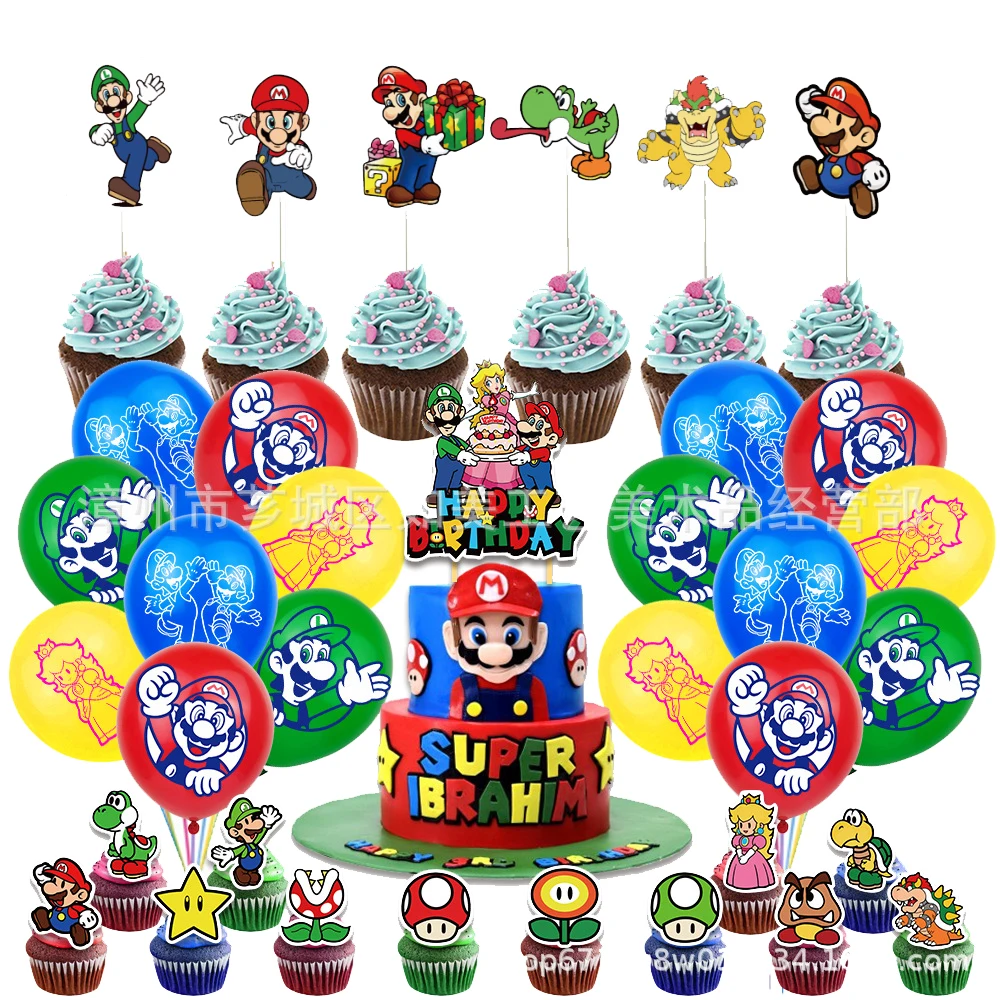 

1 Set Mario Bros Birthday Cake Topper Party Decoration Luigi Yoshi Bowser Happy Party Balloon Decorations Supplies Children Gift