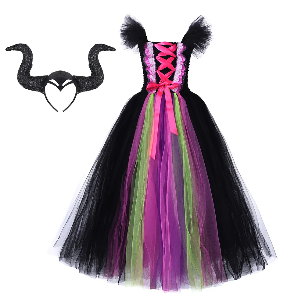 Evil Witch Halloween Girls Tutu Dress with Horn Headband Children Fancy Purim Pageant Birthday Party Costume Kids Prom Ball Gown