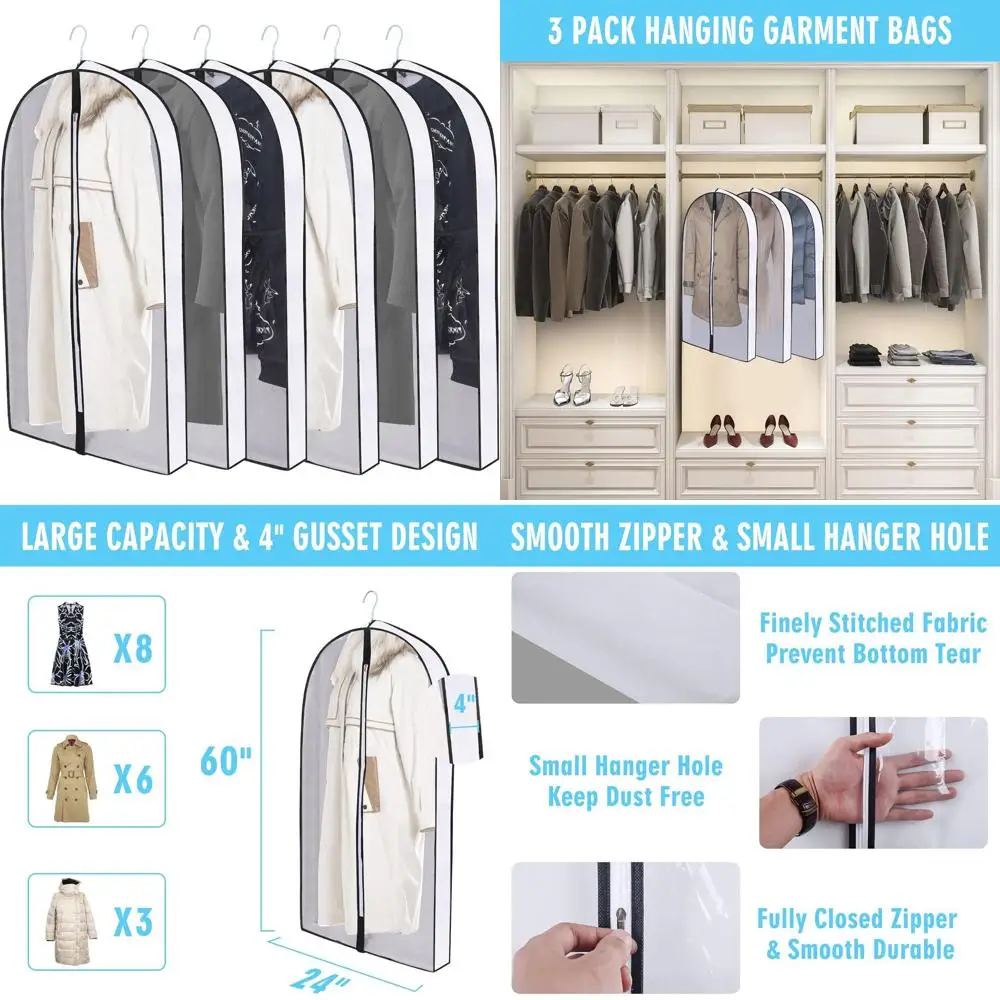 

60 Hanging Garment Bags with 4 Gussets for Travel and Storage - 6 Pack for Coats, Sweaters, Jackets, Dresses, and Shirts