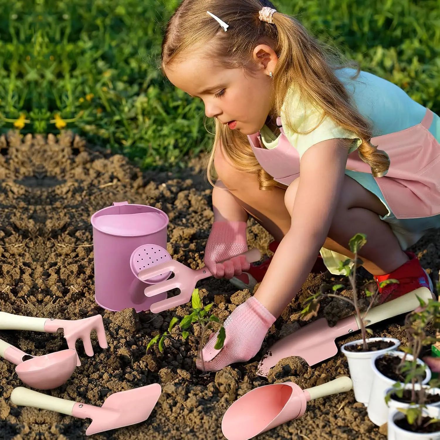 Kids Gardening Set 7 Pcs, Floral Toddler Garden Tools, with Shovel Trowel Rake Apron Gloves Watering Can and Tote Bag Safe Metal