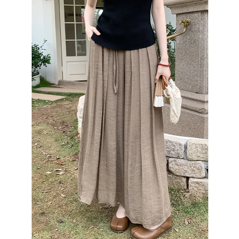 シルクのような薄手のコットンリネンワイドレッグドレープスカートパンツ、実価格、夏の新作、伸縮性ウエスト、韓国風、通勤、風通しの良い、女性用...