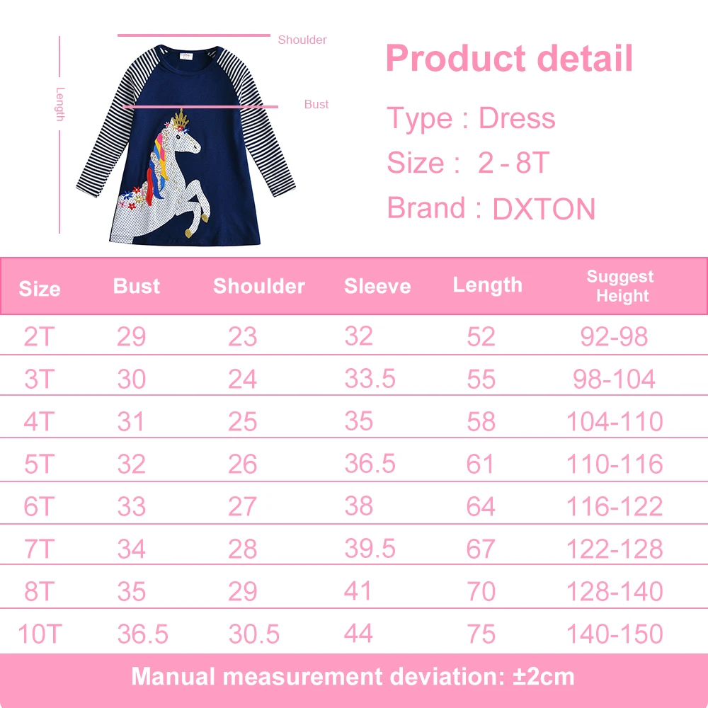 DXTON Autumn Children Clothing Long Sleeve Girls Dresses Striped Embroidery Kids Costumes Cotton Fall Kids Straight Dress 2-8Y