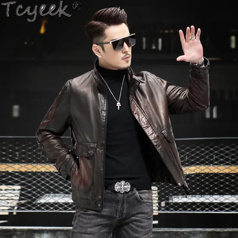 Tcyeek High-end Real Leather Jacket Men Top Layer Cowhide Coats Autumn Mens Clothes Motocycle Jackets Leather Coat Jaqueta Couro