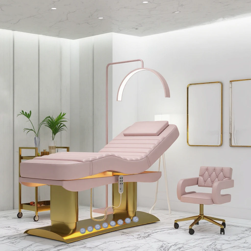 Electric Massage Table, Gold Stainless Steel 4 Motor Spa Bed, Adjustable PU Leather Facial Bed, for Professional Salon Furniture