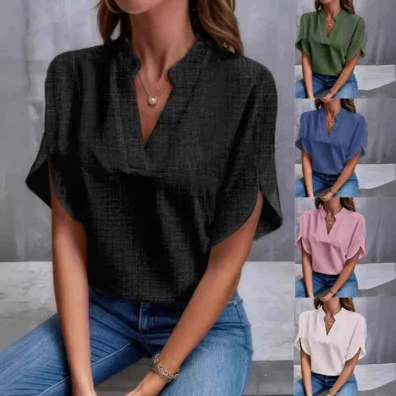 Camisas de lino para mujer, Tops holgados informales cómodos con hombros descubiertos, cuello en V, Color blanco y liso, verano, 2024