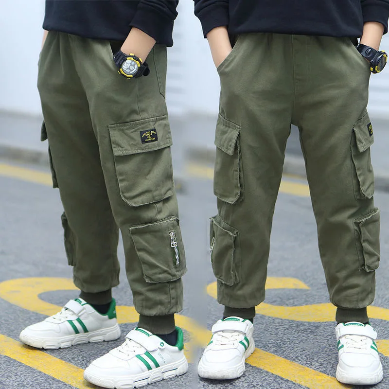 Spring Autumn Teens Pants For Boy Army Green Big Pocket Boys Jeans Children\'s Elastic Waist Boys Joggers Cargo Pants 8 12 Years