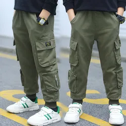 Spring Autumn Teens Pants For Boy Army Green Big Pocket Boys Jeans Children's Elastic Waist Boys Joggers Cargo Pants 8 12 Years