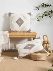 1pc beige geometric diamond shaped pillow cover made of bohemian cotton sail fabric with loop velvet technology for sofa,bedroom