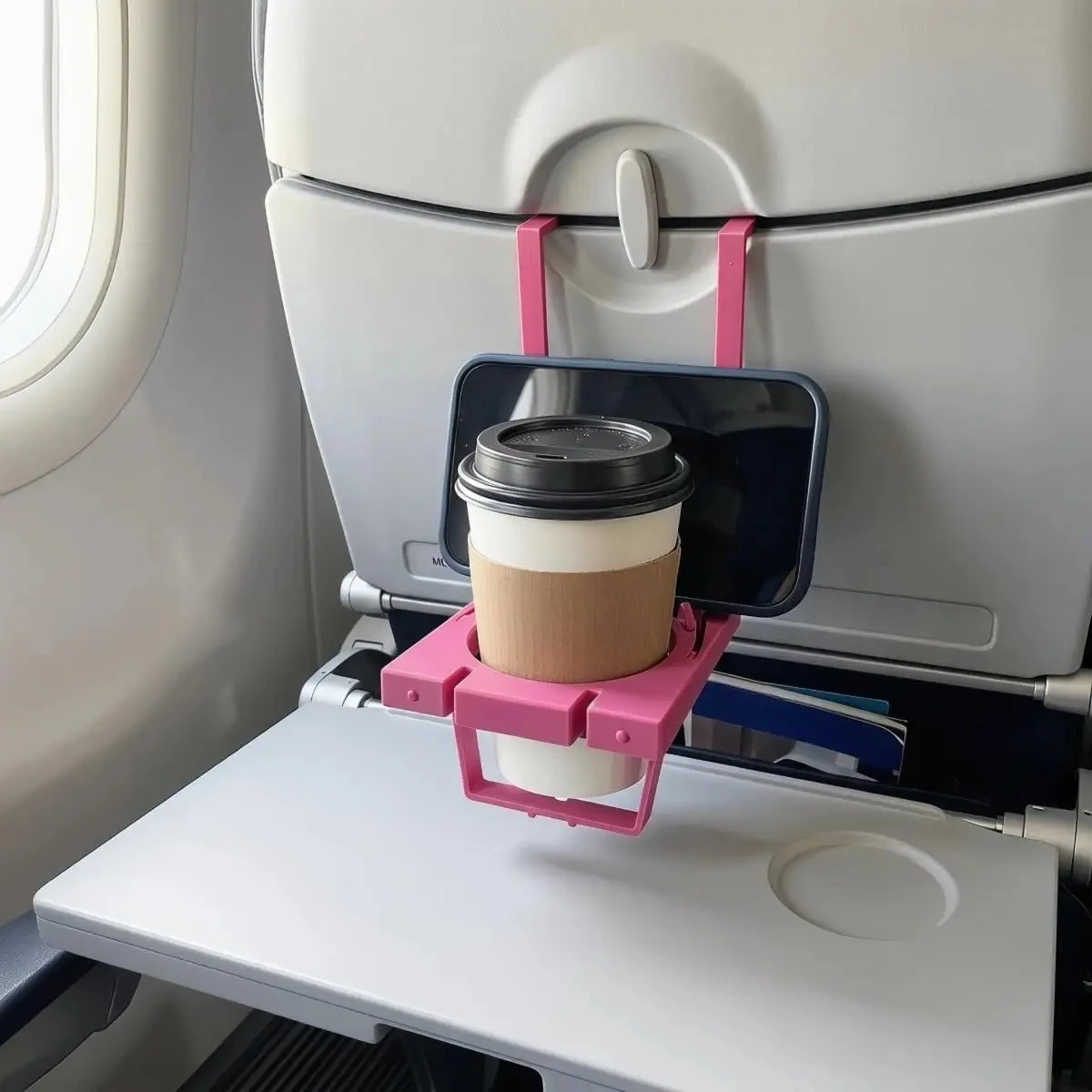 1PC 2-in-1 Airplane Travel Cup Holder with Phone Stand, Foldable Airline Tray Table Drink Holder for Travel Essentials