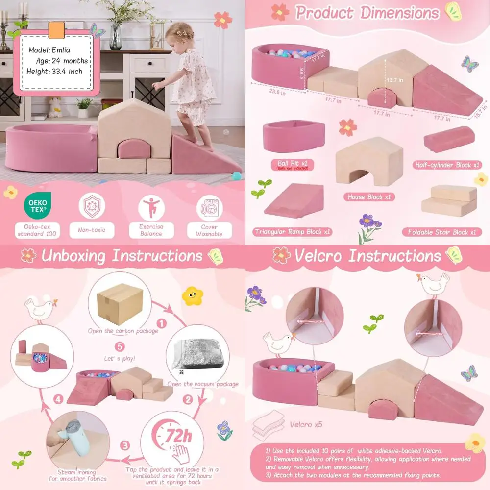 Blocchi da arrampicata in morbida schiuma per bambini - Set da gioco a forma di mini casa con pozzo per palline e tappetino pieghevole, rosa e beige