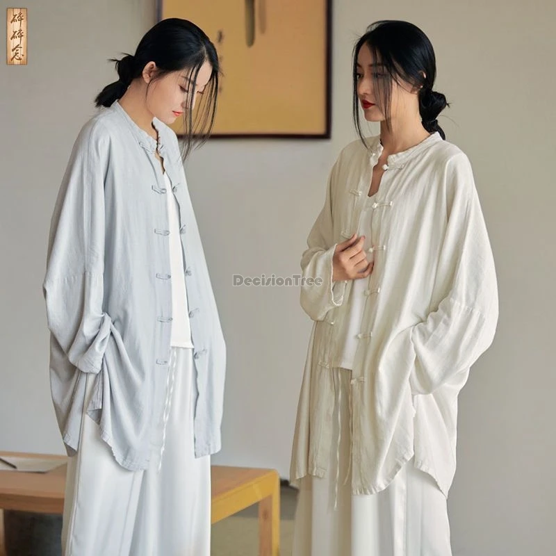 

2025 chinese ethnic-style cotton and linen women's tang suit blouse linen soft zen tea sun-protective long sleeve loose shirt