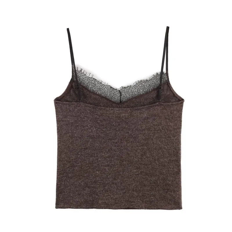 Camiseta sin mangas de encaje para mujer, camisola Sexy de punto con espalda descubierta y tirantes finos con cuello recto y espalda descubierta para primavera y verano, Tops elegantes para mujer