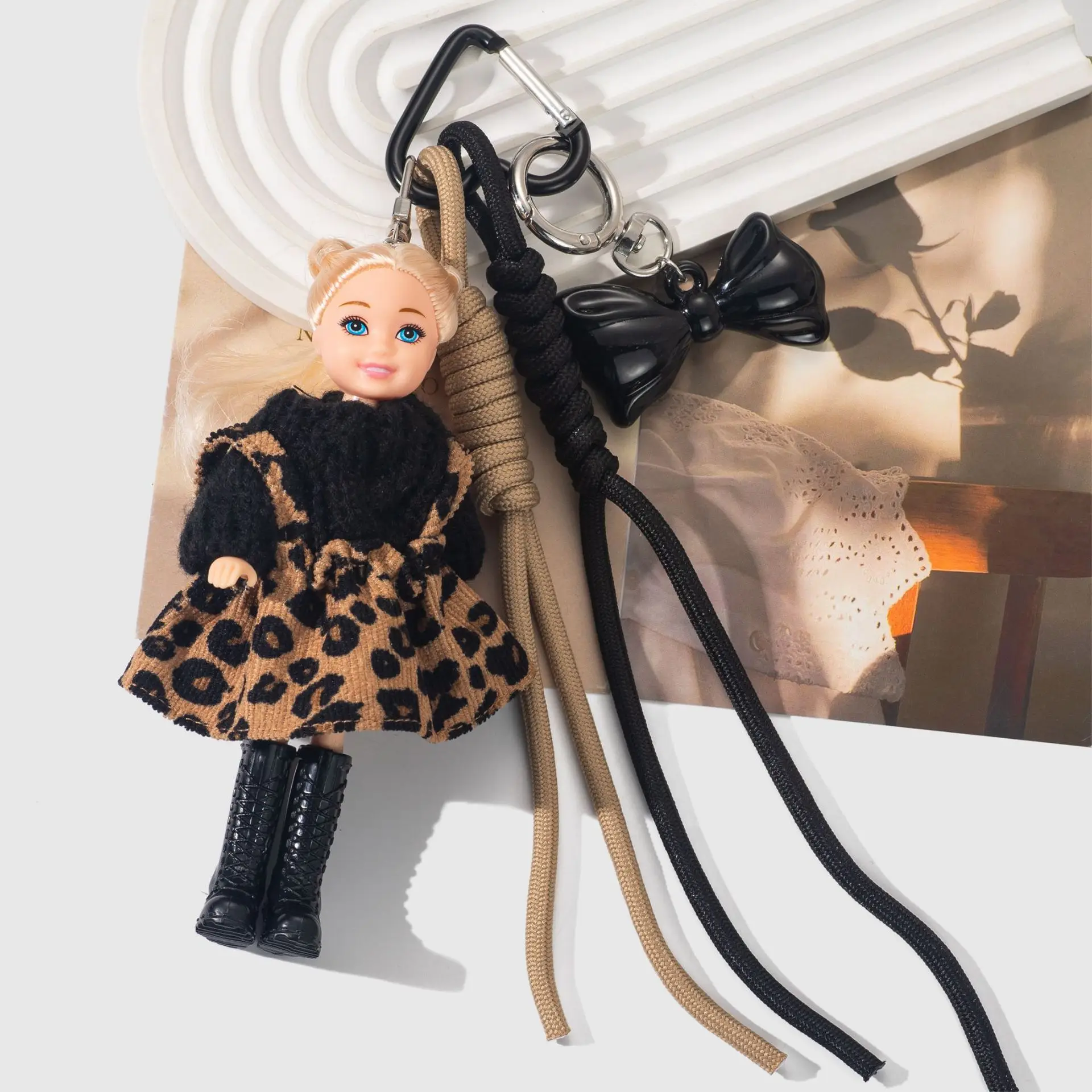 Cute Dopamine Girl Princess Doll Pendant Keychain 1/12 BJD Doll Fashion Leopard Print Dress Backpack Decor Pendant Gift For Girl