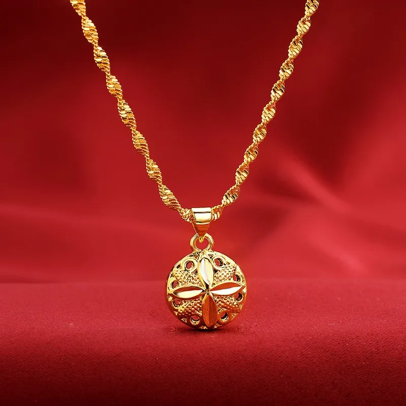 AU999 Gold Necklace Womens Fashion Water Wave Chain 24K Real Gold Jewelry Rose Round Pendant Gift for Girlfriend