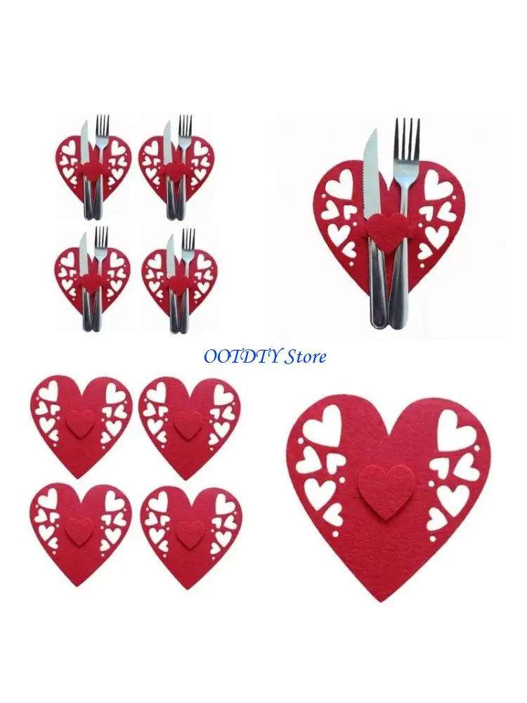 

367A 4 Pieces Beautiful Heart Pattern Cutlery Bag Set Tableware Holder Pocket Knife Fork Bag for Couples and Memorable Meals