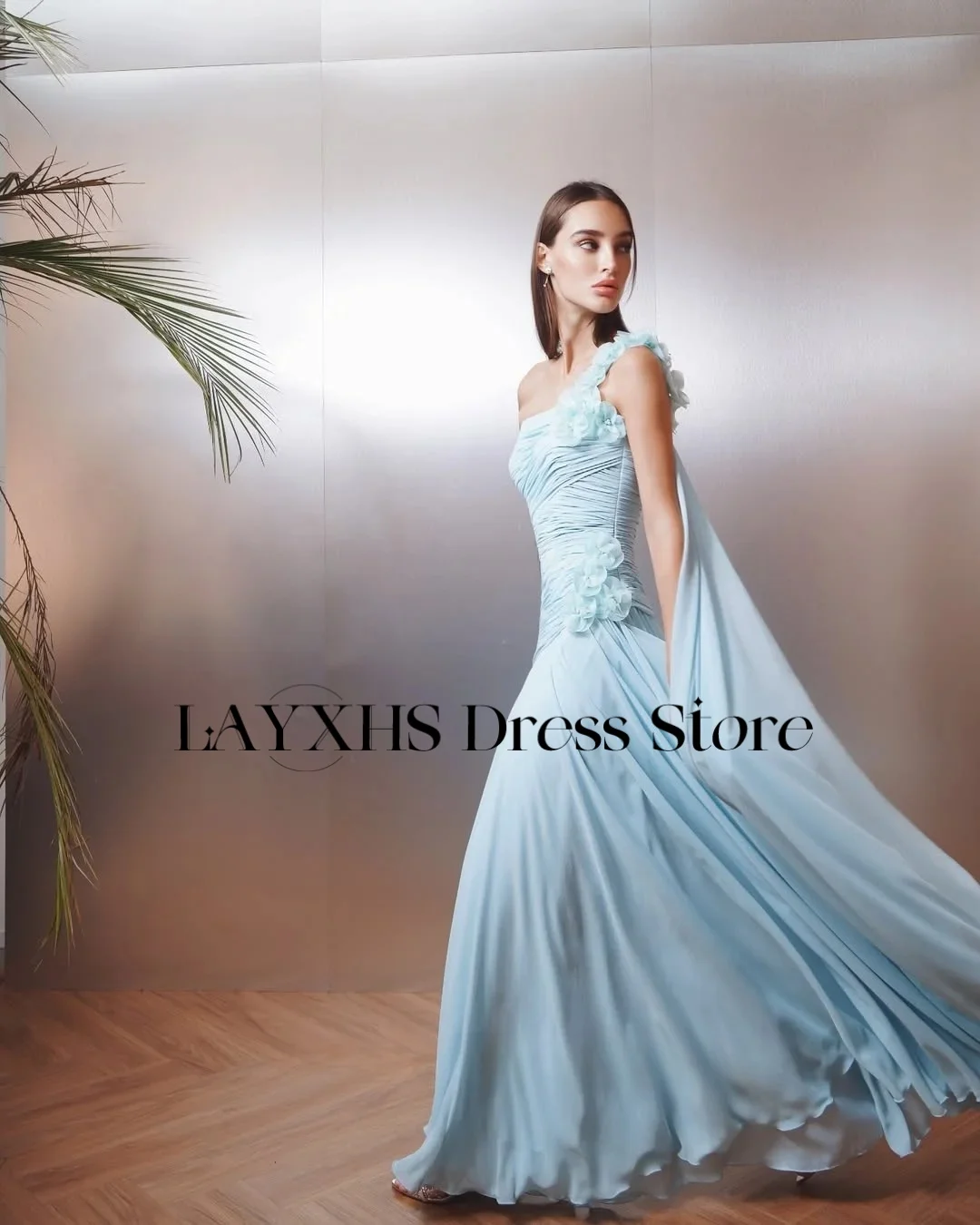 LAYXHS Exquisite blaue One-Shoulder-Abendkleider mit 3D-Blumenfalten für Damen, Party-Abschlussball-Kleider, individuell gestaltet