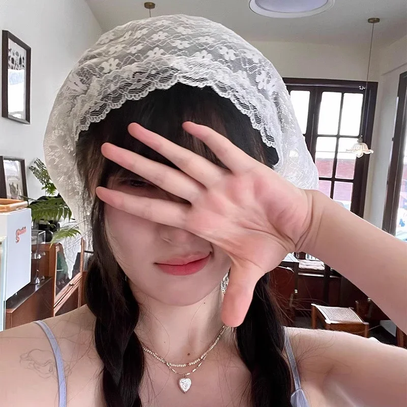 الرجعية الحلو زهرة مثلث الشعر وشاح الصيف النساء الفتيات مربع وشاح عقال الكورية الفرنسية الرعوية غطاء الرأس الدانتيل أغطية الرأس