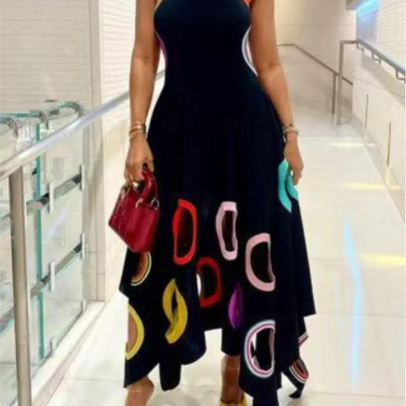 

New Women's Circle Hollow Out Tank Dresses O Neck Asymmetric Hem Pleated A-Line Casual Elegant Sleeveless High Street Sexy Dress