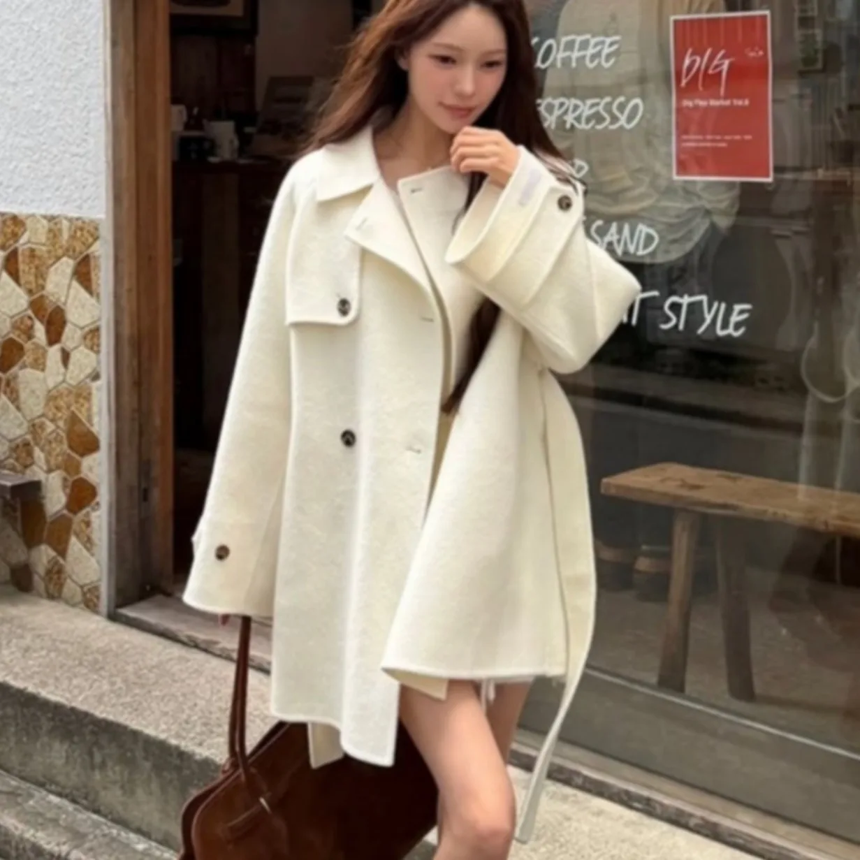 

Women's Chic Woolen Coat Single Button Loose Slimming Top Faionable Autumn Winter New Arrival High-End Feeling Belted