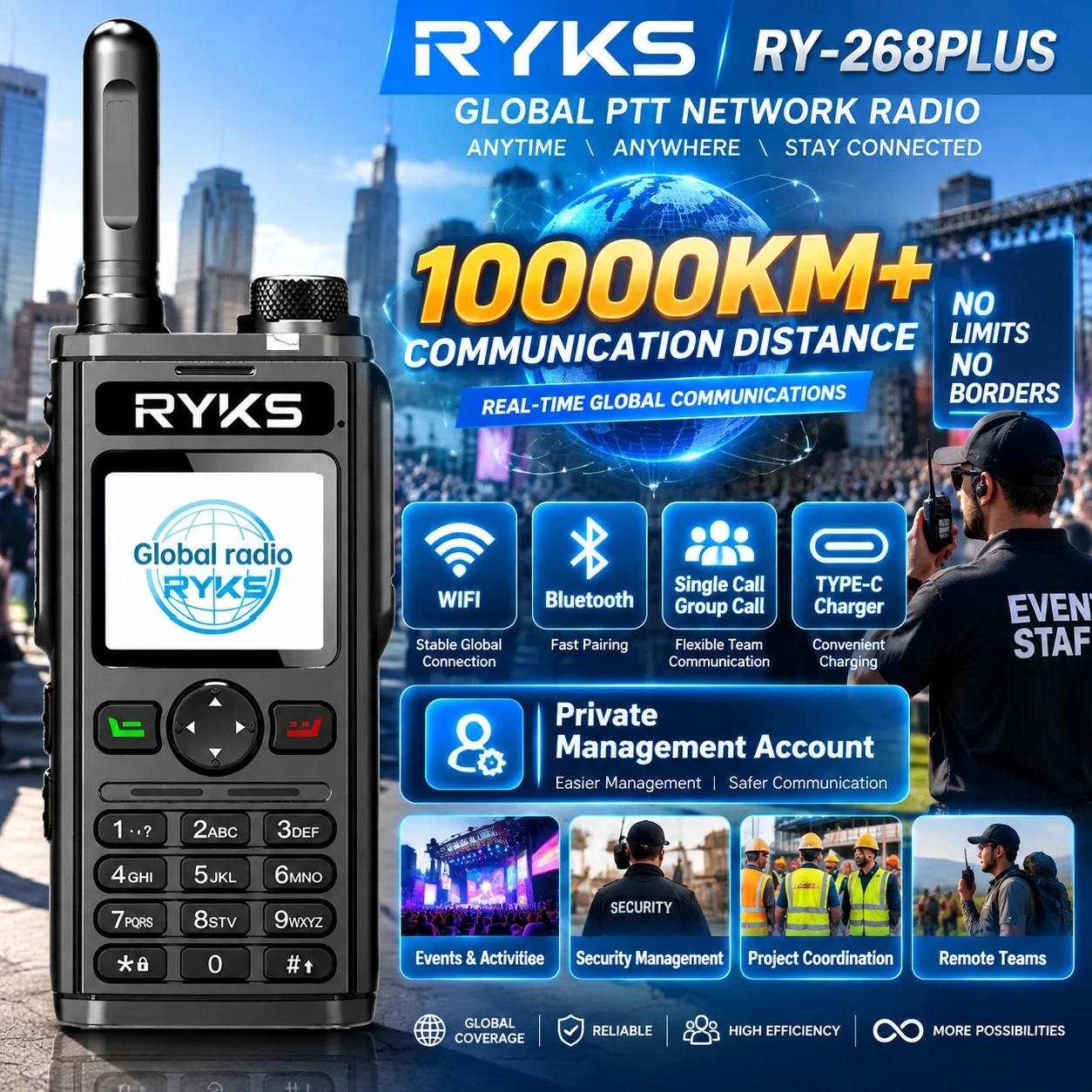 GXIN POC Walkie Talkie 10000km+ Global Communication WiFi Bluetooth Single Group Call Mobile APP Programming Private Account