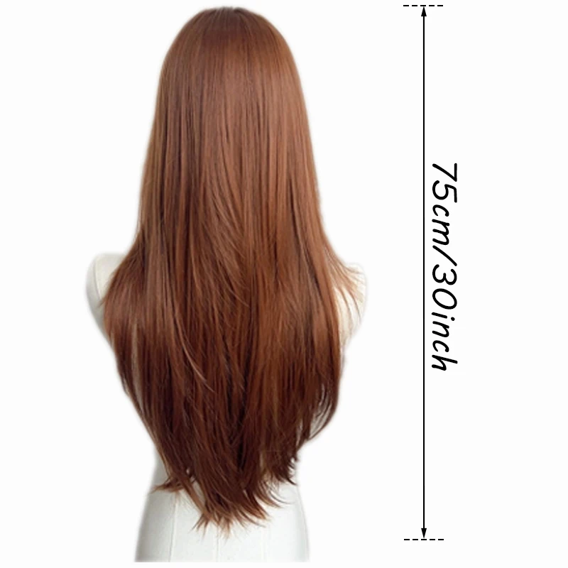 26 Inch Long Straight Synthetic Wig Layered Dark Orange Natural Smooth Hair Stylish Party Bangs Wigs For Women daily use
