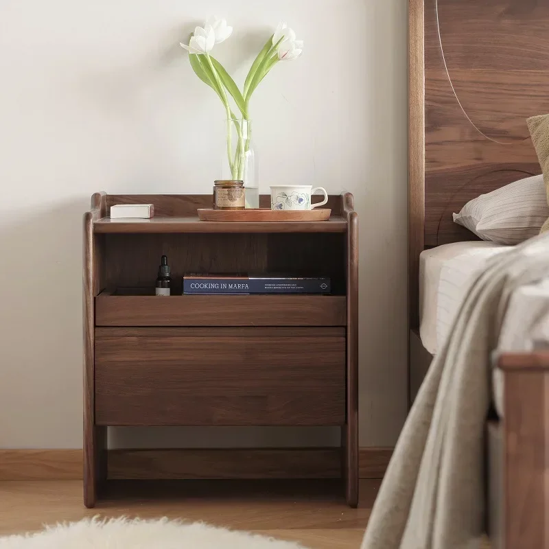 Comodino di lusso nordico tutto in legno massello di noce nera leggero comodino minimalista con contenitore in legno di ciliegio per piccolo appartamento