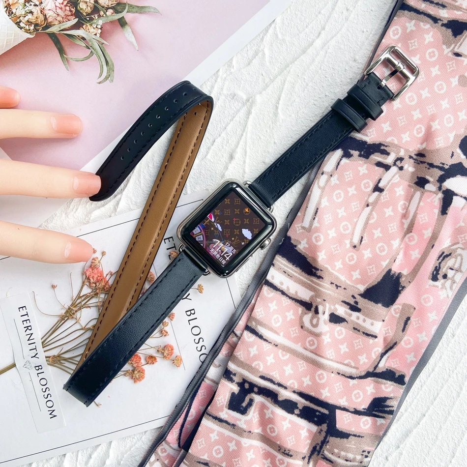 Soft Calfskin Leather Strap For Apple Watch Band 9 8 7 6 5 4 Ultra 2 Double Tour Bracelets Iwatch Series 38mm 40/41mm 49/44/45mm
