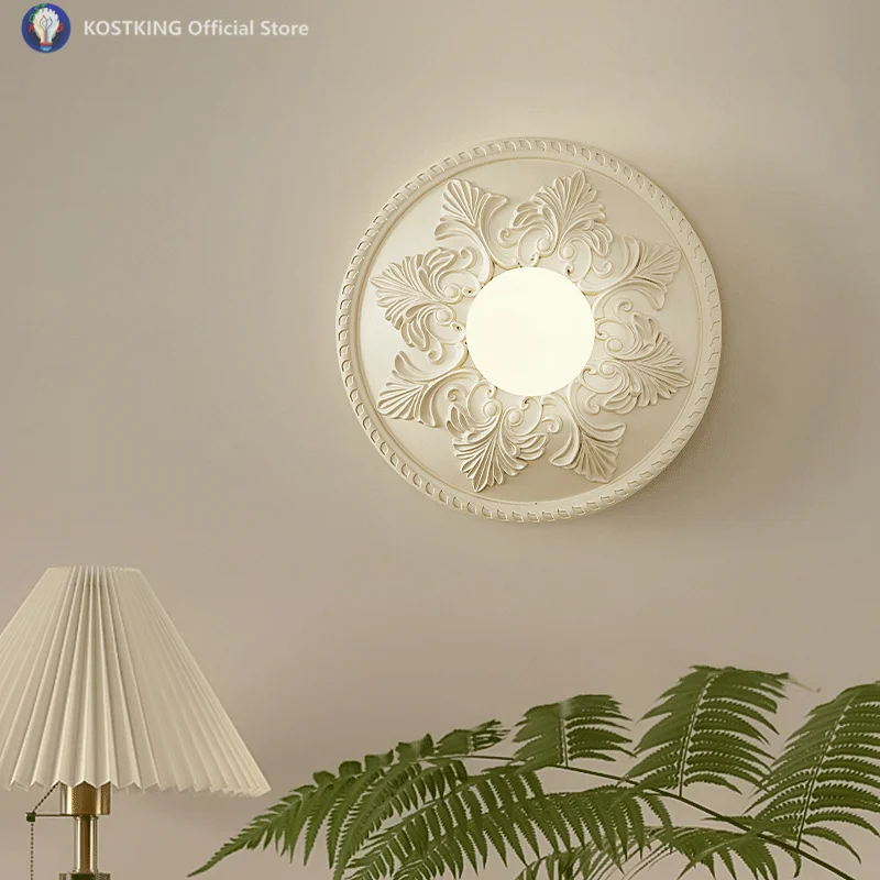 French Circular White Bedside Wall Lamp Bedroom High-end Retro Round Living room Sconce Milk White Glass Lampshade Light Fixture