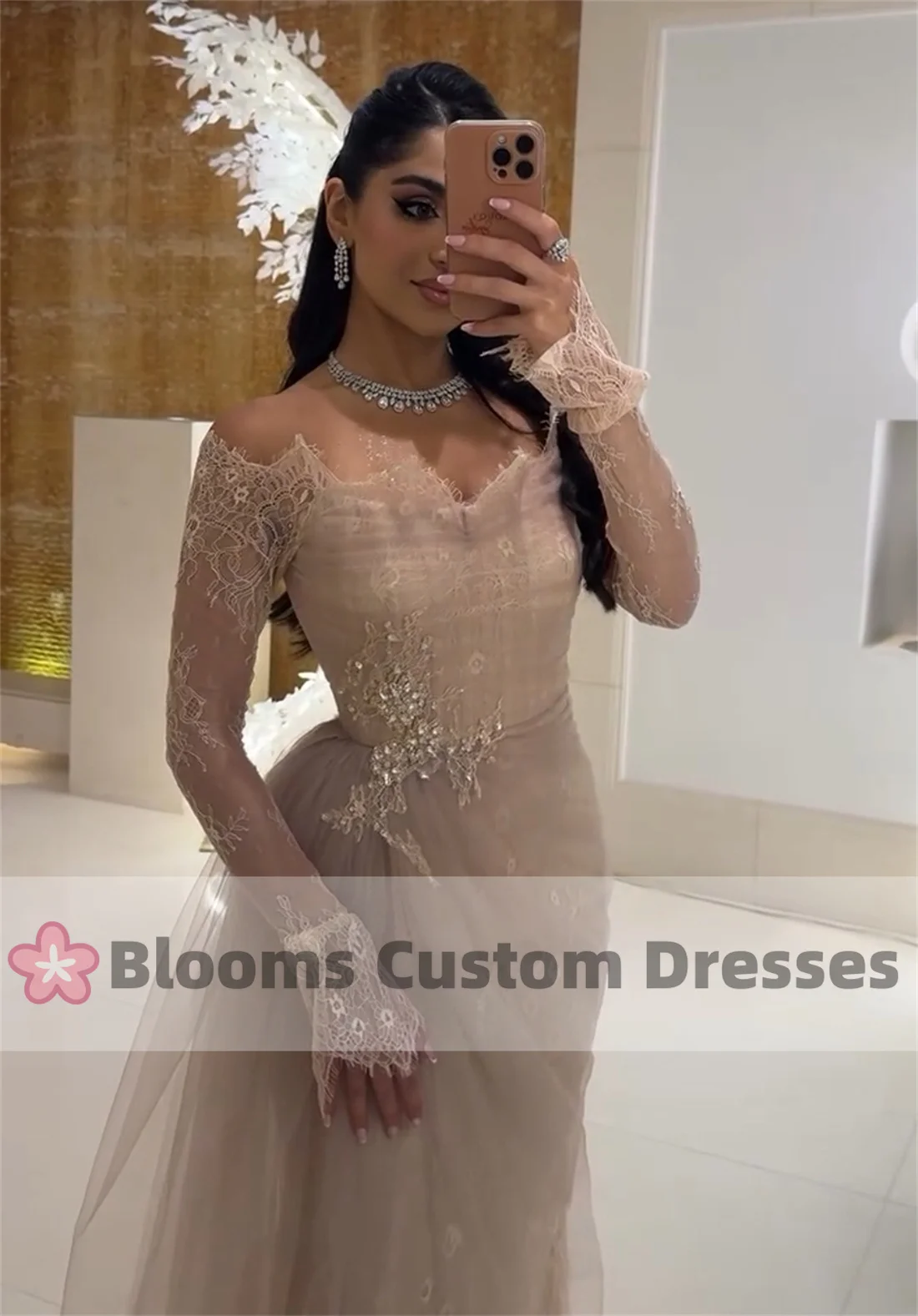 Blooms Off Shoulder Lace Customized Prom Dress Tulle Pleated Beaded Formal Occasion Gown Elegant Long Sleeves Evening Dresses