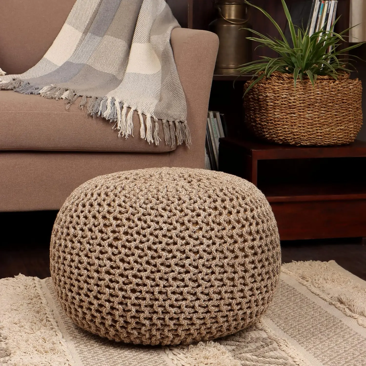 Round Pouf Ottoman - Hand Knitted Cable Boho Poof Home Décor Pouffe Circular Footrest for Living Room - Nursery