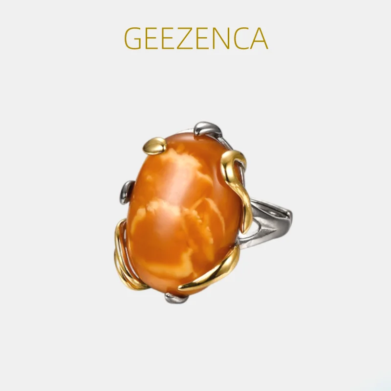 GEEZENCA Natural Amber 925 Sterling Silver Leaf Women's Ring Luxury Simple Oval Gemstone Adjustable Ring 2023 New Female Gift