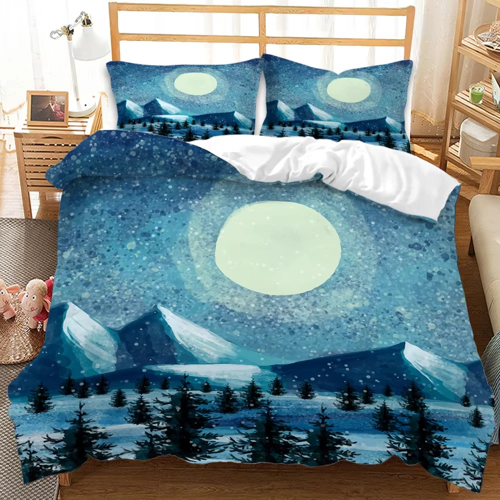 Winter Forest Snowy Mountain Duvet Cover Full King Size Snowy Woodland Trees Comforter Cover Winter Landscape Scene Bedding Set
