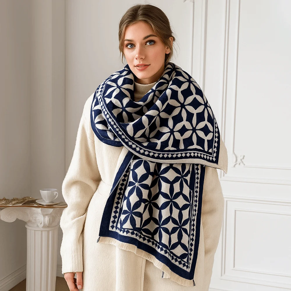 معطف كشمير ناعم وأنيق، وشاح بتصميم جاكار دافئ مقاوم للبرد، حجاب مقاوم للرياح، سرق موسم الشتاء