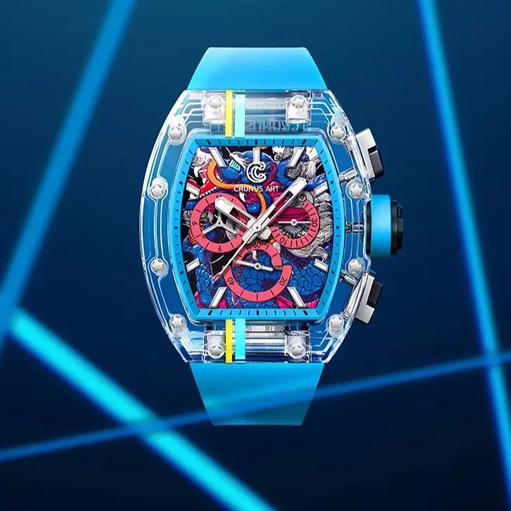 

CRONUSART Men Chronograph Watch 50mm Tonneau Sapphire Case Mechanical Wristwatch Luminous Fluororubber Strap Skeleton Snake Dial