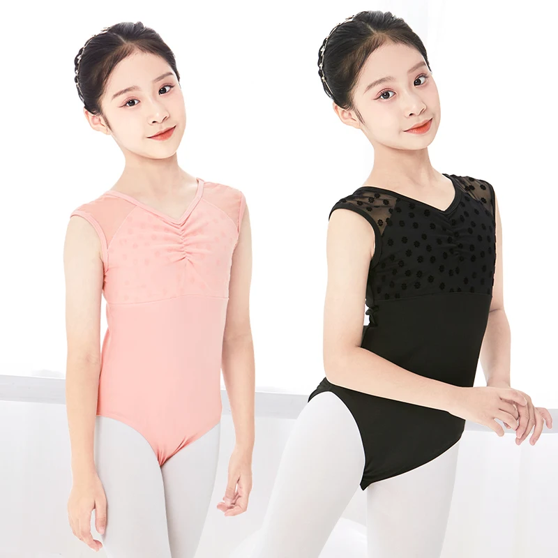 Girls Ballet Leotards Vest Dance Leotard Ballet Costumes Child Nylon Splice Sleeveless Dance Gymnastic Bodysuits with Flocking