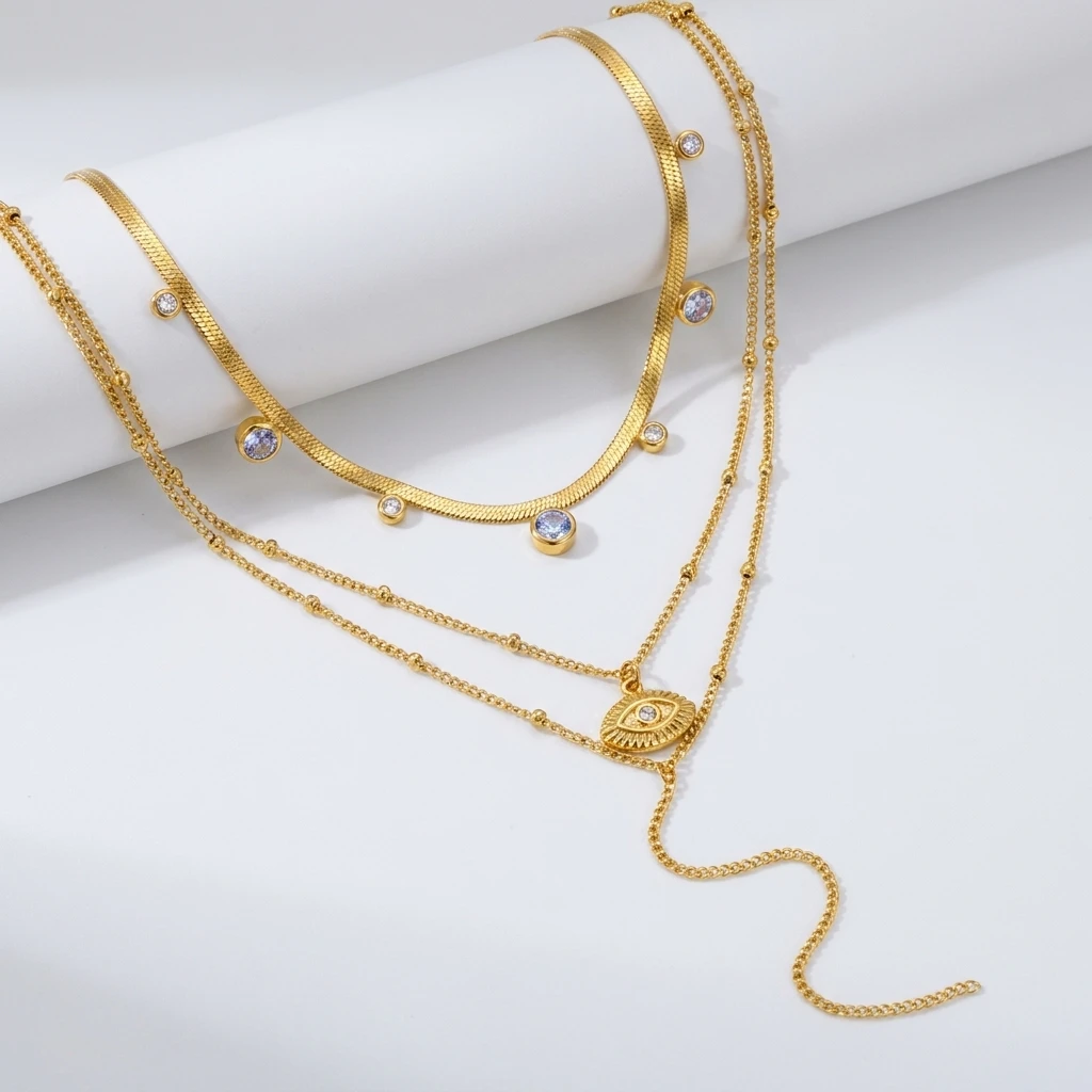 Stainless Steel Multi Layer Necklace for Women Rhinestone Evil Eye Pendant Snake Chain Y Lariat Drop Stackable Choker Jewelry
