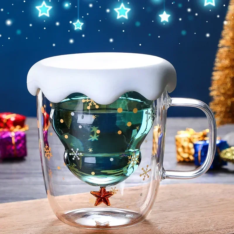 

Christmas Tree Mug Snow Mountain Glass cup Heat Resistant Double Wall Glass Coffee Cup Cartoon Christmas Gift Milk Drinkware