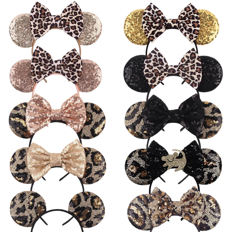 Disney Mickey Mouse Ears Leopard Print Headbands for Girls Kids Women Party Sequins Bows Hair Accessories Adults Hairbands Gifts