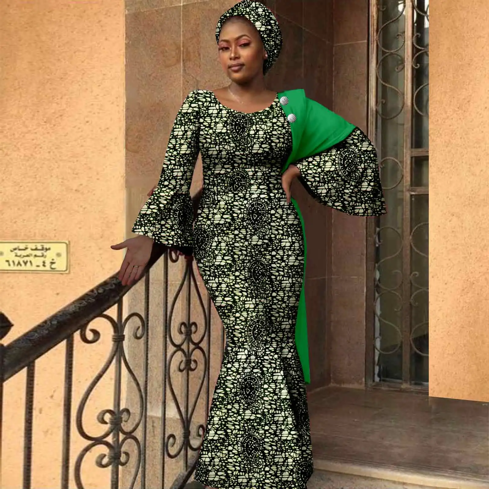 African Women Dresses Dashiki Ankara Print Slim Long Dress with Headwrap Bazin Riche Ladies Outftis Party Vestidos Y2225023