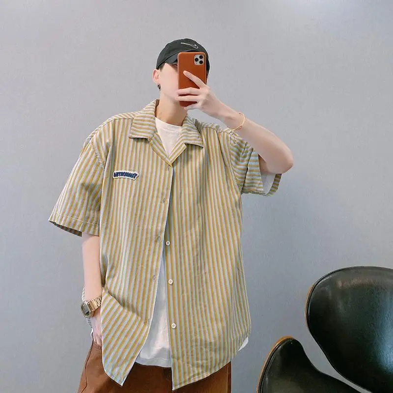 Korean summer high street trend vertical striped Cuban collar loose silhouette lazy short-sleeved shirt for men men clothing top